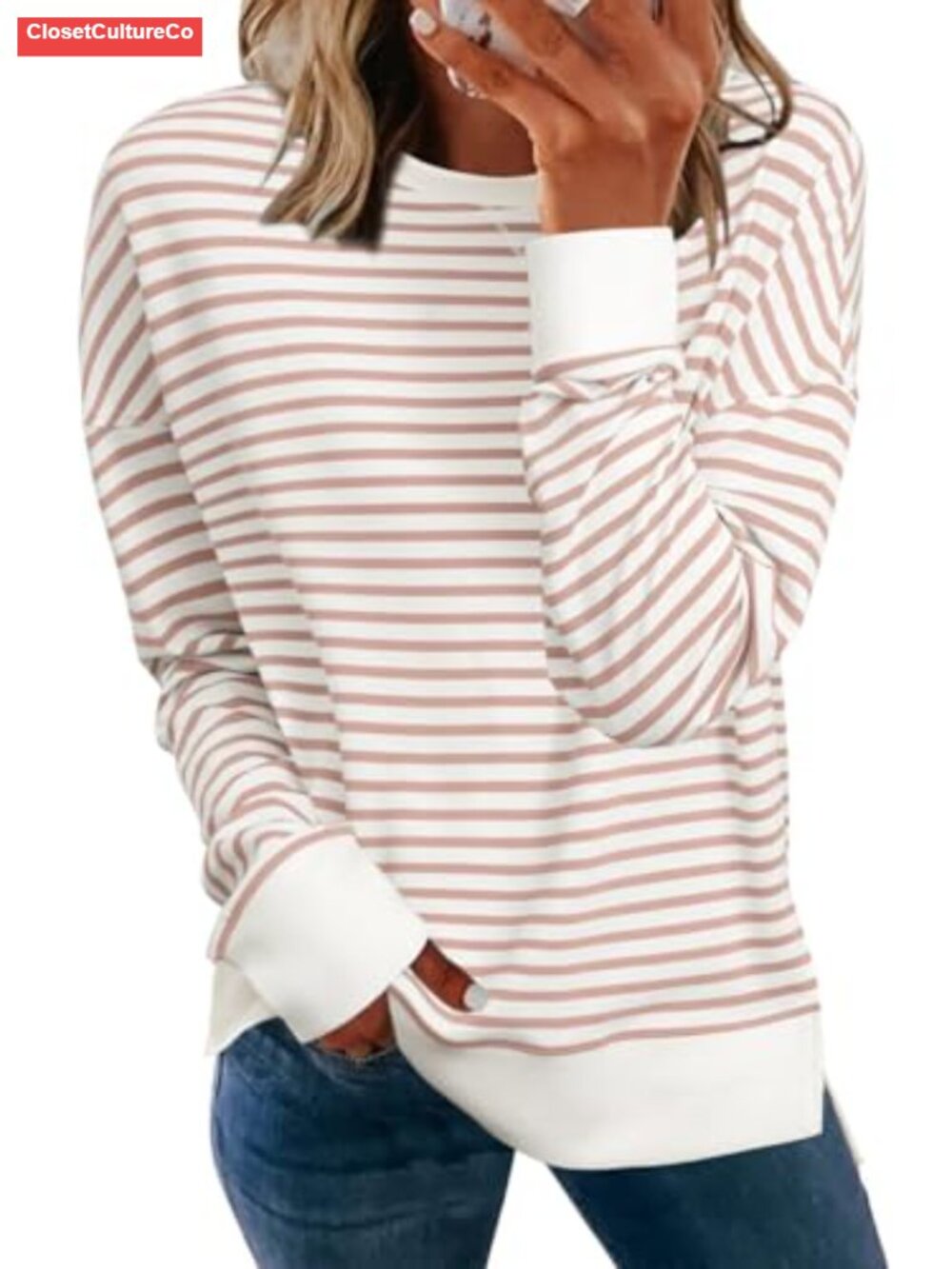 Womens Oversized Striped Sweatshirt Long Sleeve Crewneck Loose Pullover Top